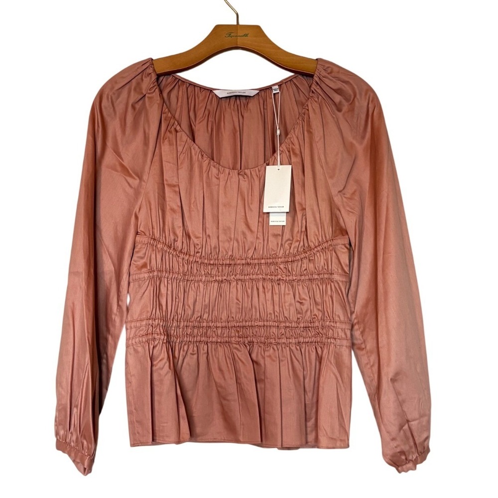 Rebecca Taylor Womens Smocked Cotton Peplum Top Dusty Rose Pink S 821280B811 NEW
